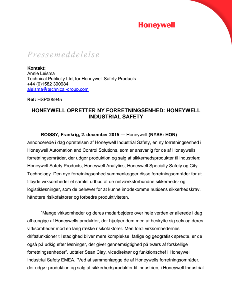 Honeywell opretter ny forretningsenhed: Honeywell Industrial Safety