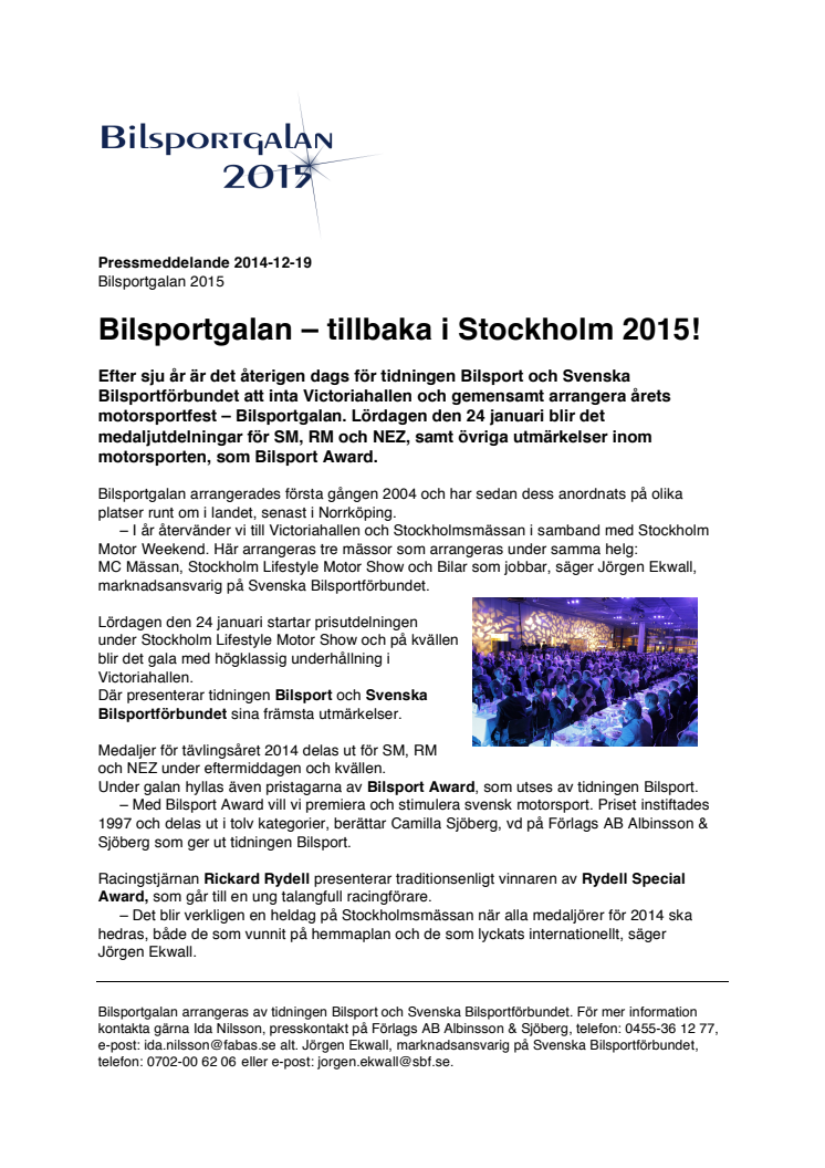 Bilsportgalan – tillbaka i Stockholm 2015!