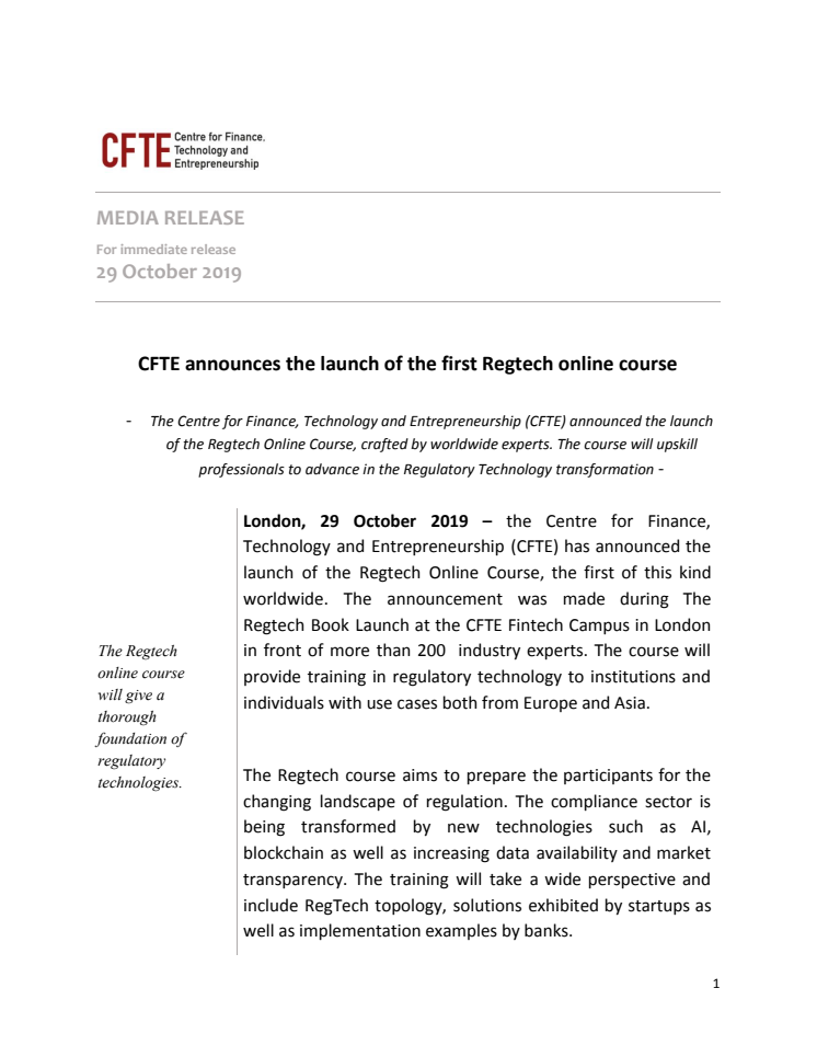CFTE announces the launch of the first Regtech online course