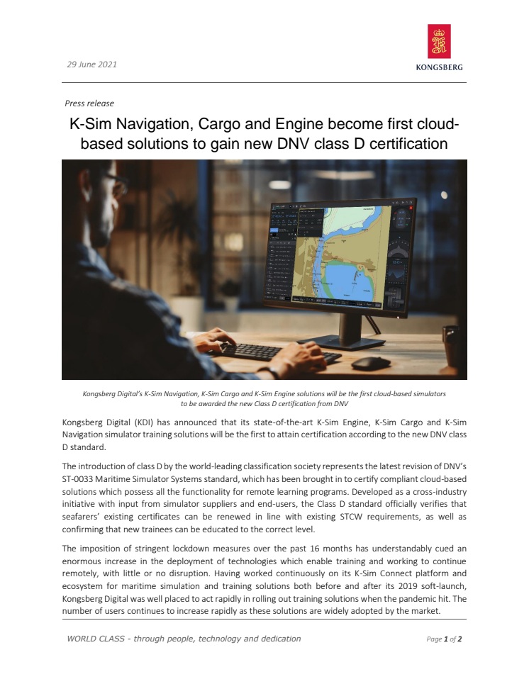 K-Sim Navigation, Cargo and Engine become first cloud-based solutions to gain new DNV class D certification