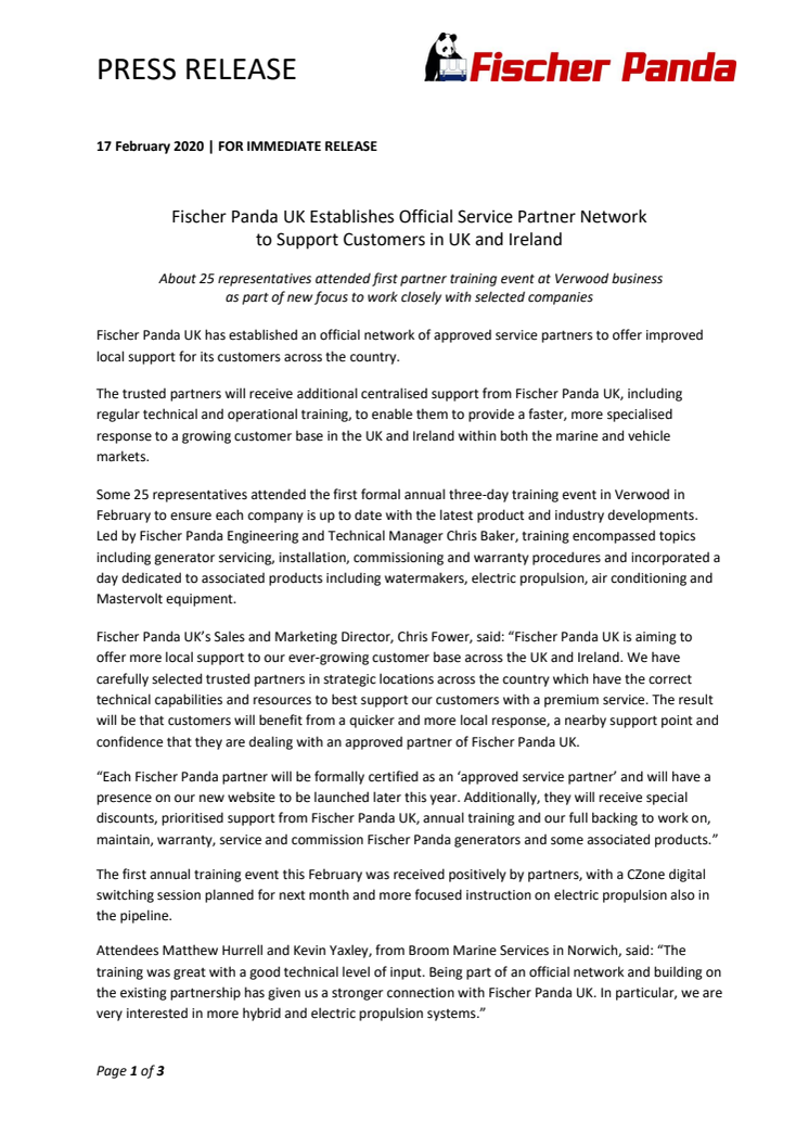 Fischer Panda UK Establishes Official Service Partner Network to Support Customers in UK and Ireland