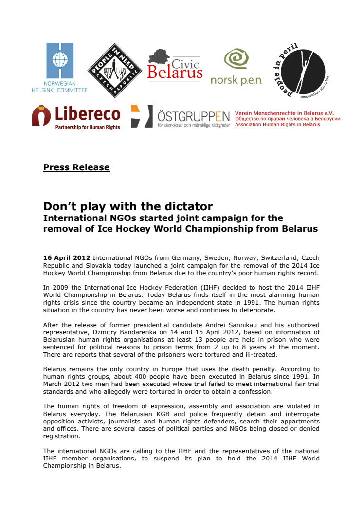 Don't Play with the Dictator - Ny internationell kampanj mot ishockey-VM i Vitryssland 2014