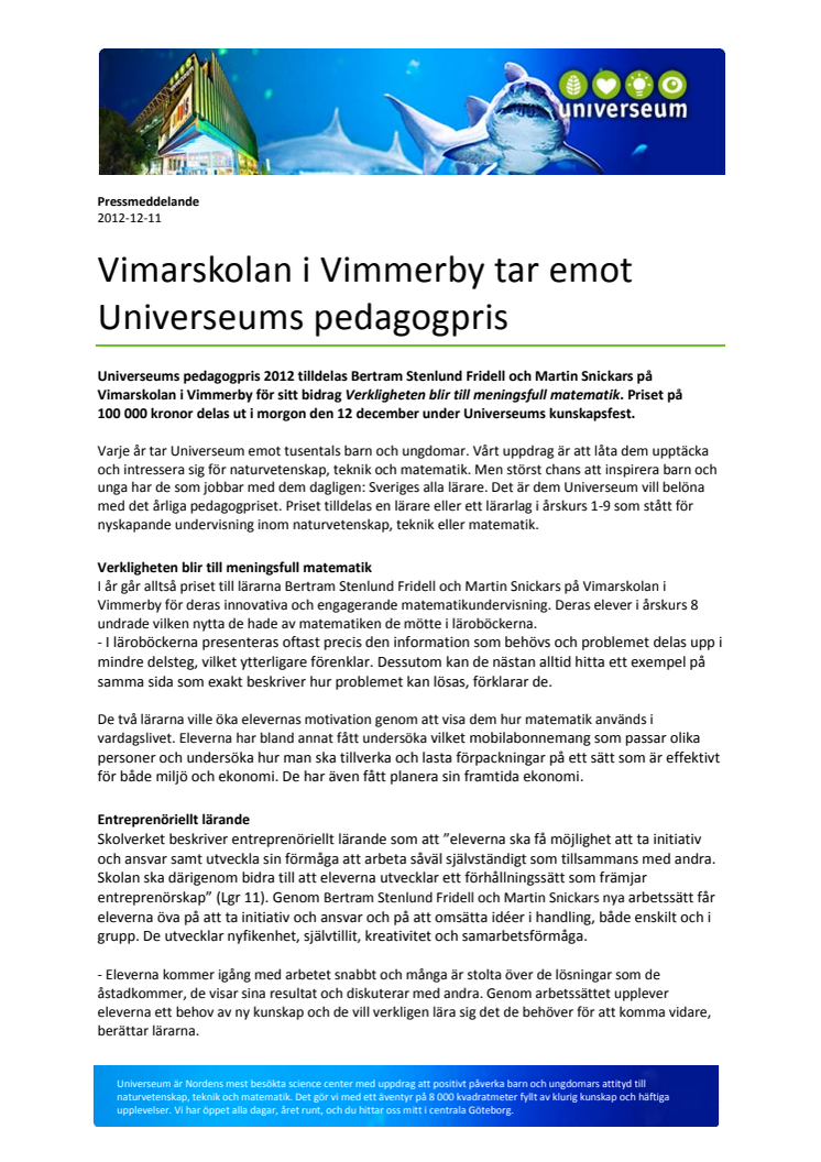 Vimarskolan i Vimmerby tar emot Universeums pedagogpris
