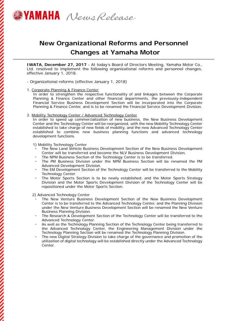 New Organizational Reforms and Personnel Changes at Yamaha Motor