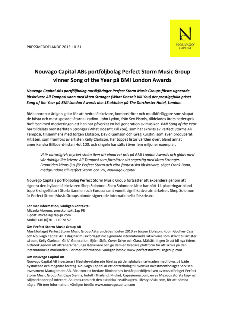 Nouvago Capital ABs portföljbolag Perfect Storm Music Group vinner Song of the Year på BMI London Awards