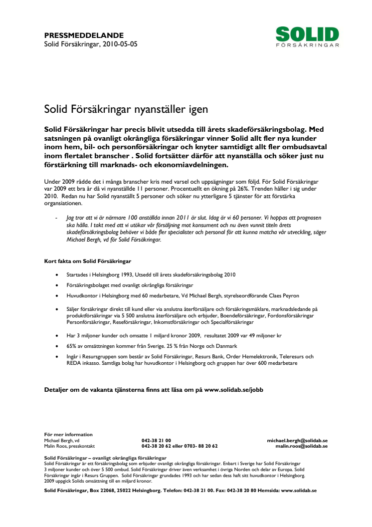 Solid Försäkringar nyanställer igen