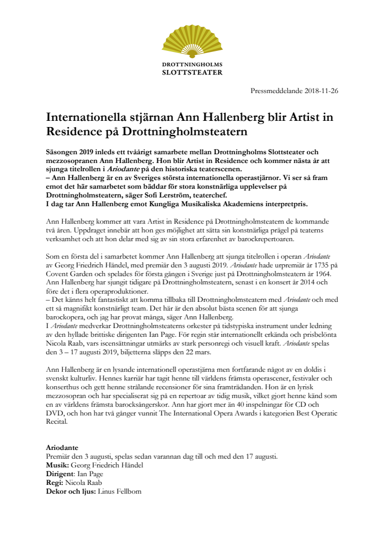 Internationella stjärnan Ann Hallenberg blir Artist in Residence på Drottningholmsteatern
