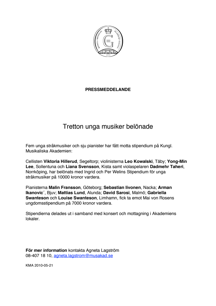 Tretton unga musiker belönade