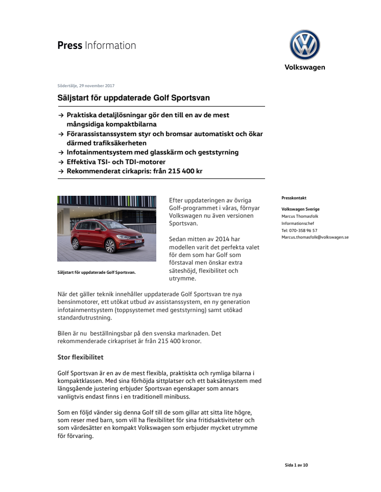 Säljstart för uppdaterade Volkswagen Golf Sportsvan