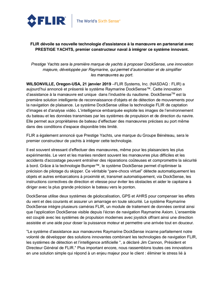 FLIR dévoile sa nouvelle technologie d'assistance à la manœuvre en partenariat avec PRESTIGE YACHTS, premier constructeur naval à intégrer ce système innovant