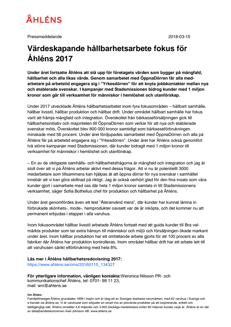 Värdeskapande hållbarhetsarbete fokus för Åhléns 2017  