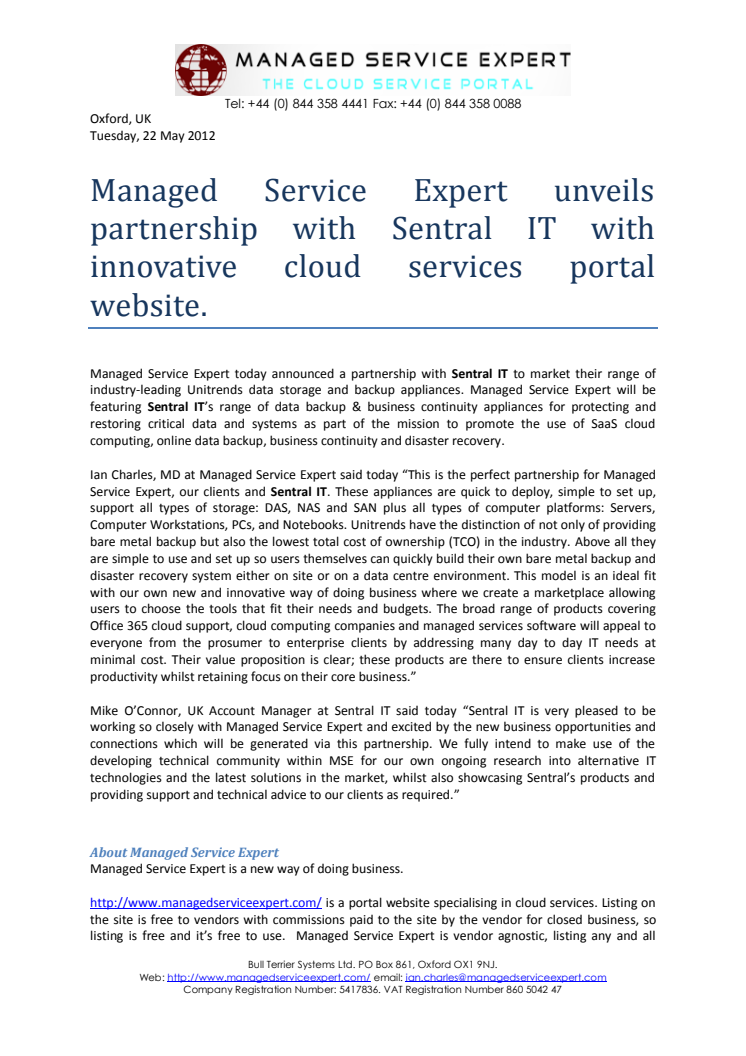 Managed Service Expert unveils partnership with Sentral IT with innovative cloud services portal website.