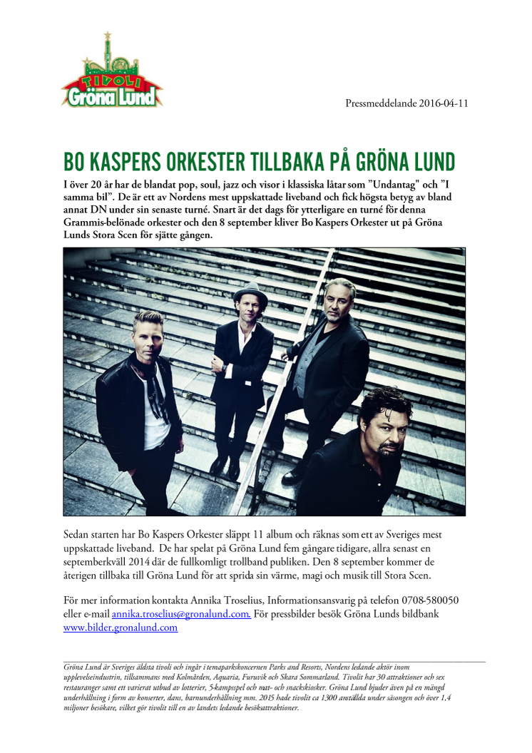 Bo Kaspers Orkester tillbaka på Gröna Lund