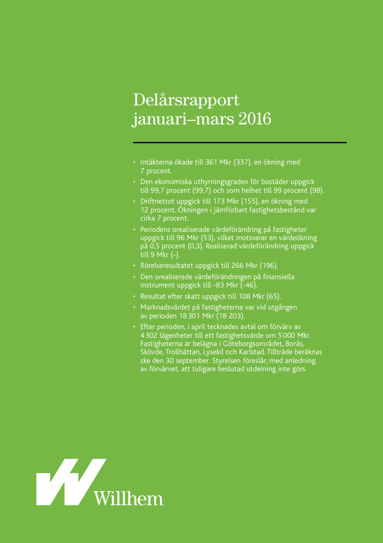 Willhems delårsrapport januari-mars 2016