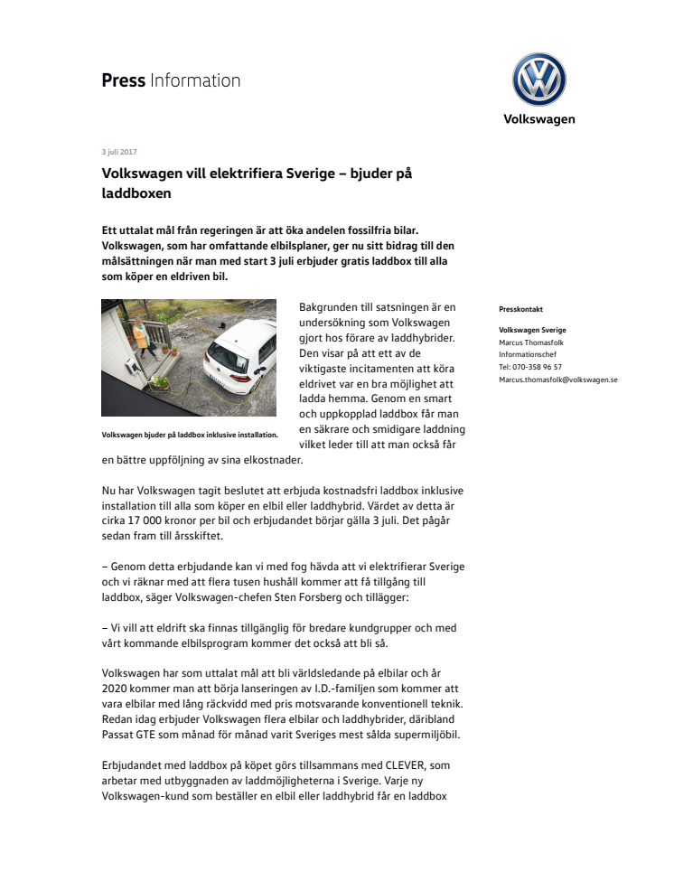 Volkswagen vill elektrifiera Sverige – bjuder på laddboxen