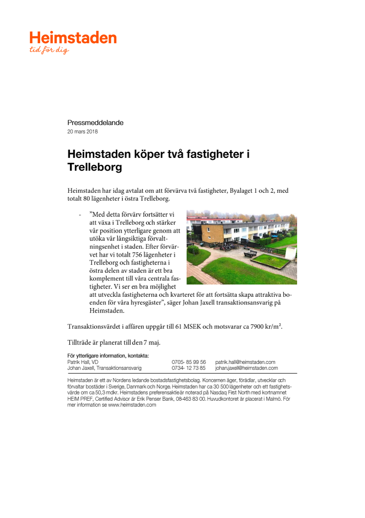 Heimstaden köper två fastigheter i Trelleborg