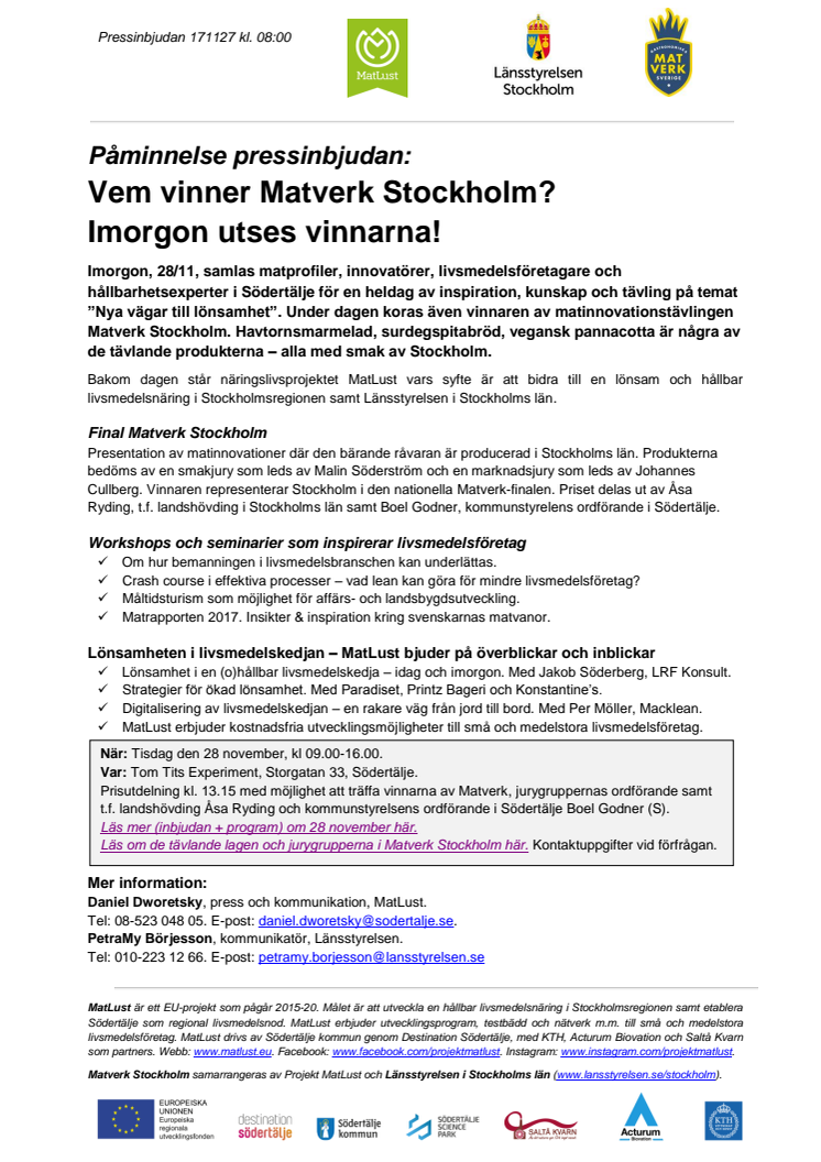 Påminnelse pressinbjudan:  Vem vinner Matverk Stockholm?  Imorgon utses vinnarna!
