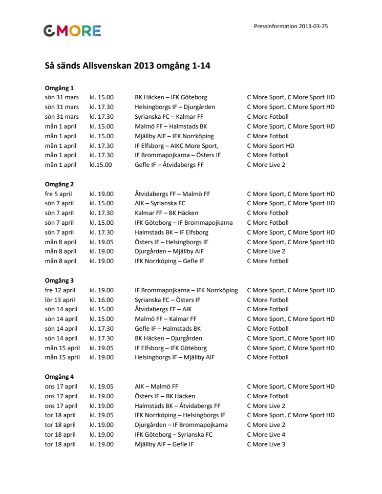 Så sänds Allsvenskan 2013 omgång 1-14