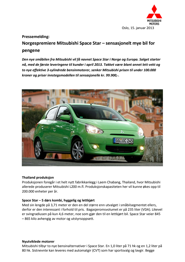 Norgespremiere Mitsubishi Space Star – sensasjonelt mye bil for pengene