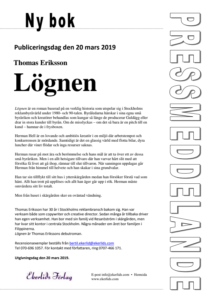 Ny bok: Lögnen, en roman som utspelar sig i reklamvärlden av Thomas Eriksson
