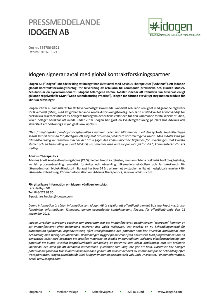 Idogen signerar avtal med global kontraktforskningspartner
