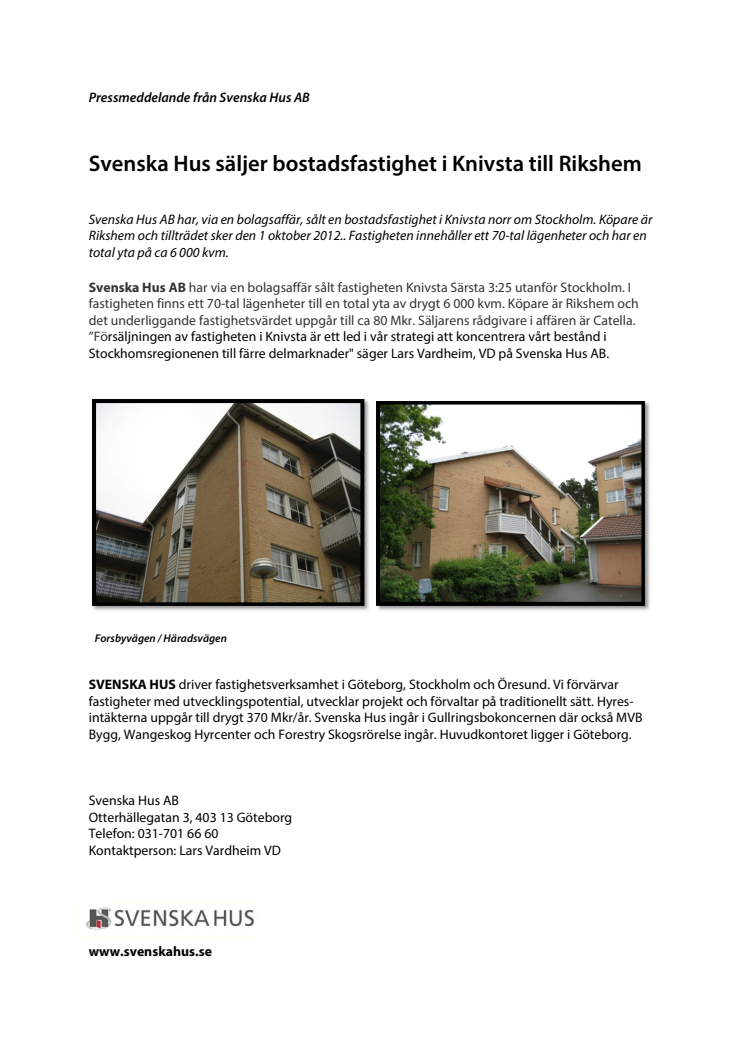 Svenska Hus säljer bostadsfastighet i Knivsta till Rikshem