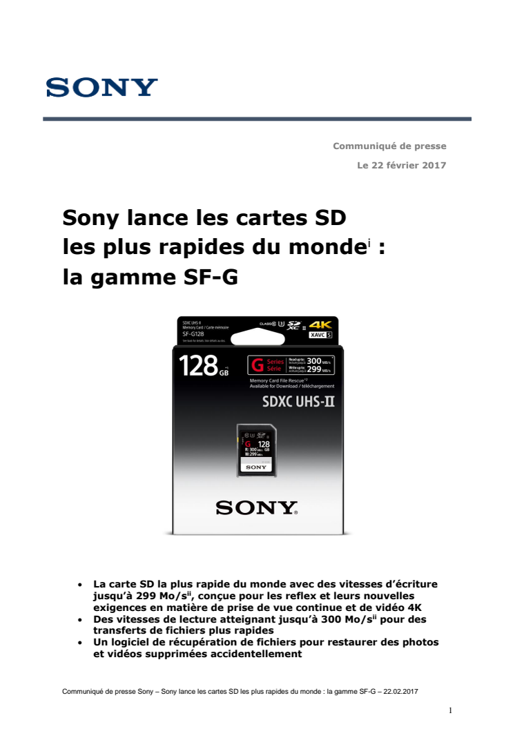 Sony lance les cartes SD les plus rapides du monde  :  la gamme SF-G
