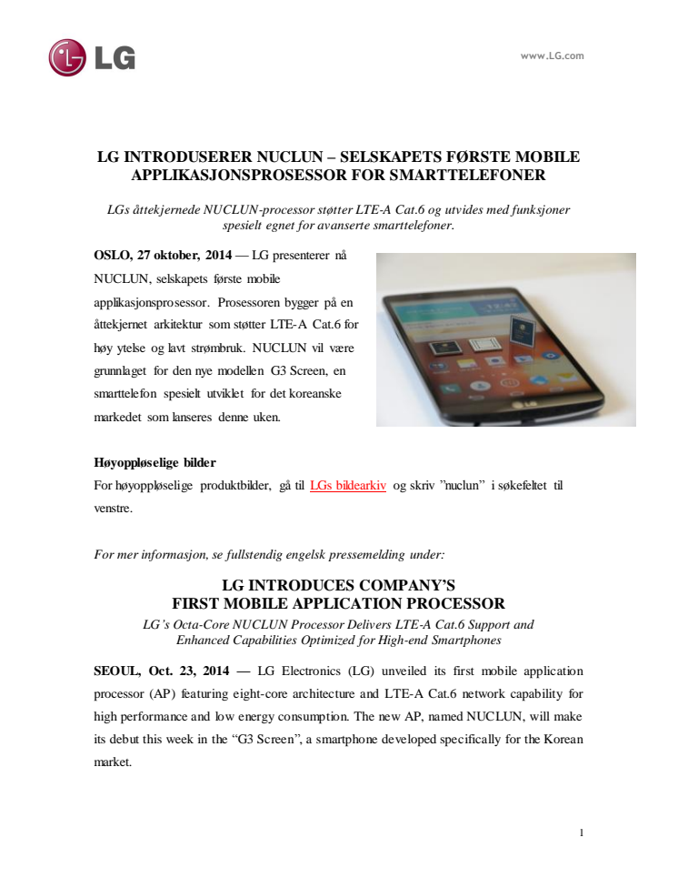 LG INTRODUSERER NUCLUN – SELSKAPETS FØRSTE MOBILE APPLIKASJONSPROSESSOR FOR SMARTTELEFONER