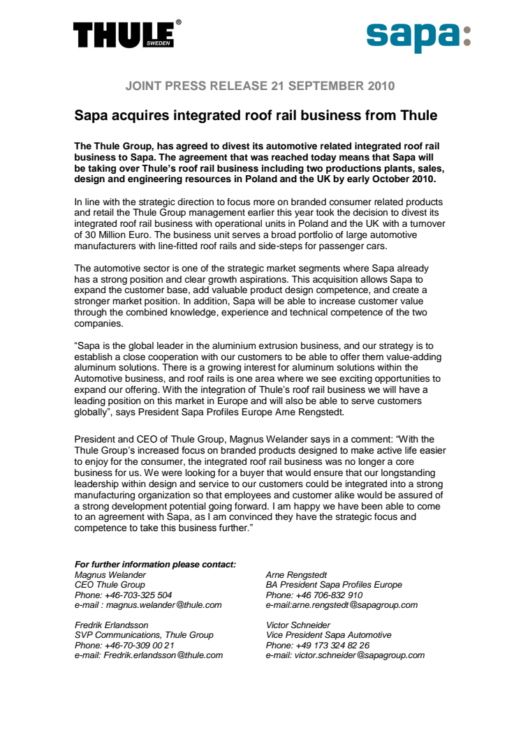 Sapa acquires integrated roof rail business from Thule