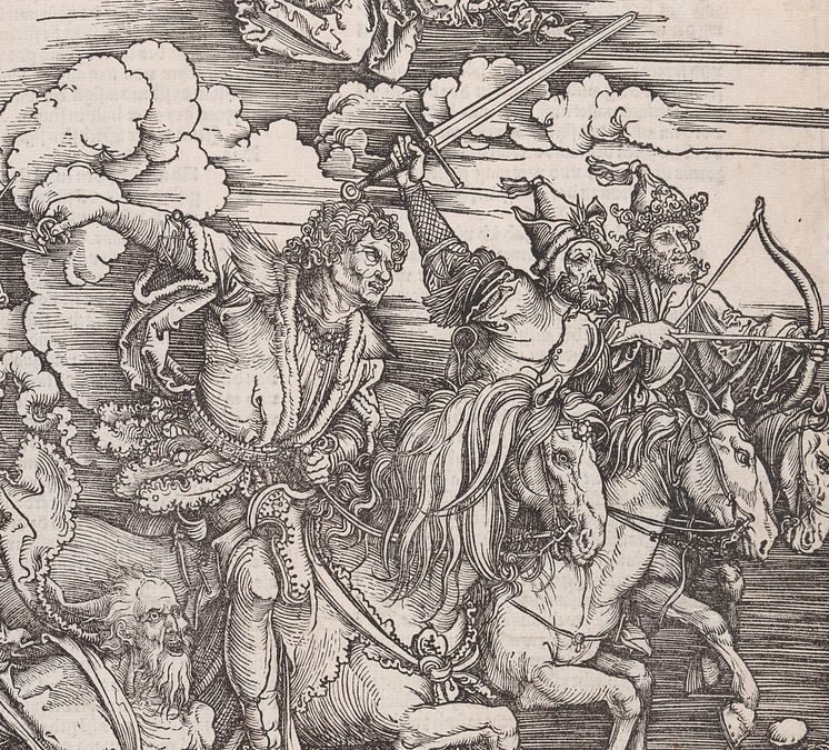 Avtrykk. Tresnitt fra fem århundrer. Albrecht Dürer, De fire apokalyptiske ryttere (detalj), tresnitt, 1498.