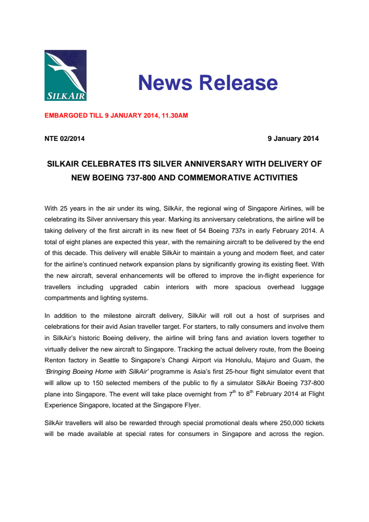 SilkAir Celebrates Its Silver Anniversary With Delivery Of New Boeing 737-800 And Commemorative Activities