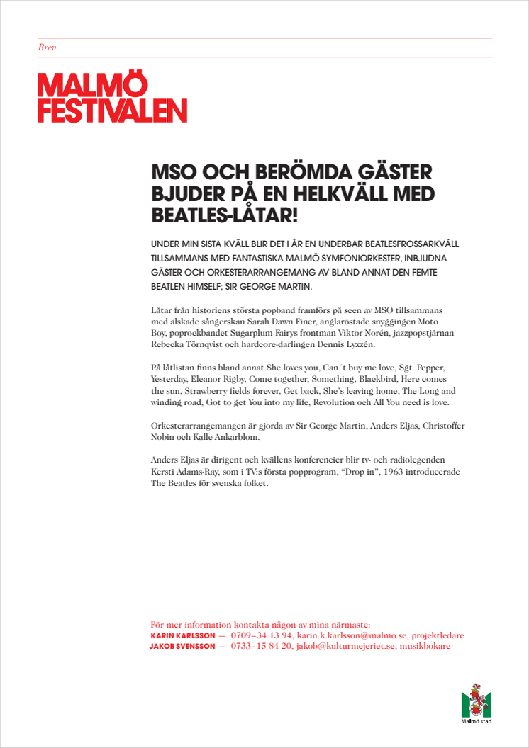 MSO och berömda gäster bjuder på Beatles-kväll på Malmöfestivalen!