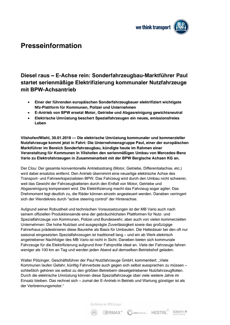 Diesel raus – E-Achse rein: Sonderfahrzeugbau-Marktführer Paul startet Elektrifizierung kommunaler Nutzfahrzeuge mit BPW-Achsantrieb