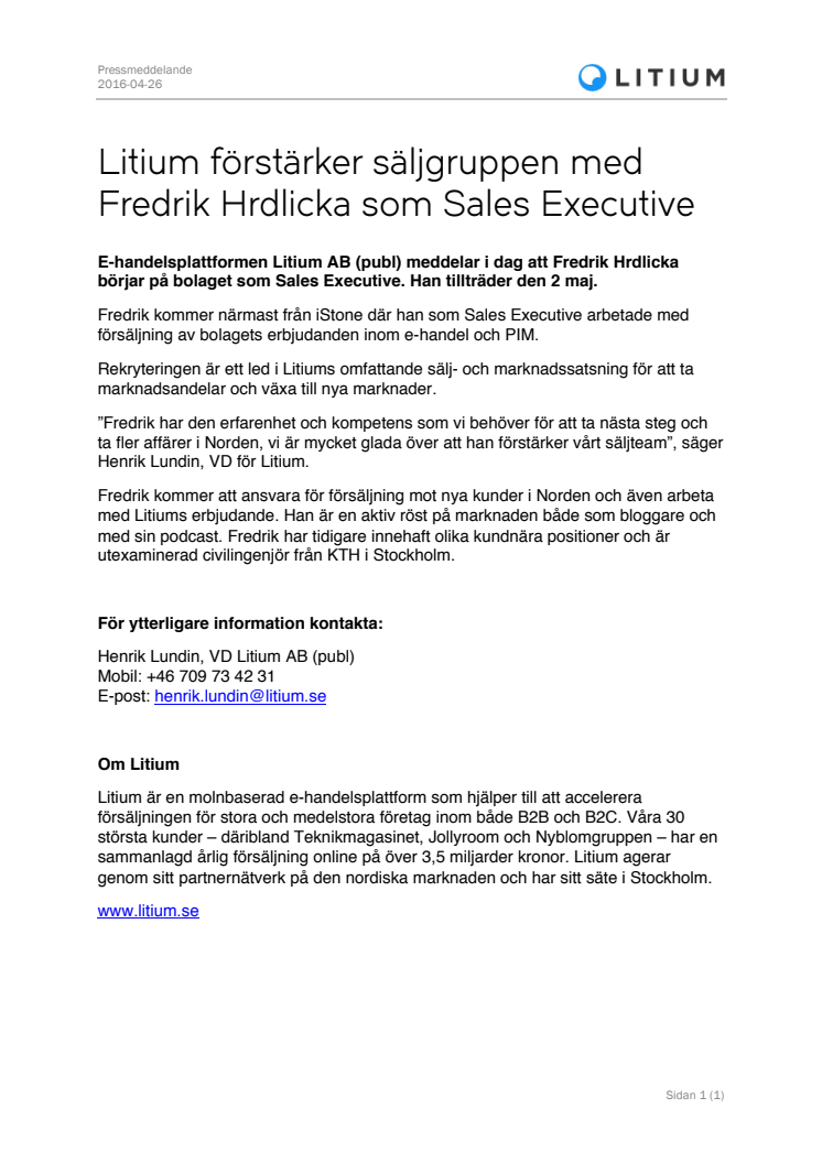 Litium förstärker säljgruppen med Fredrik Hrdlicka som Sales Executive 