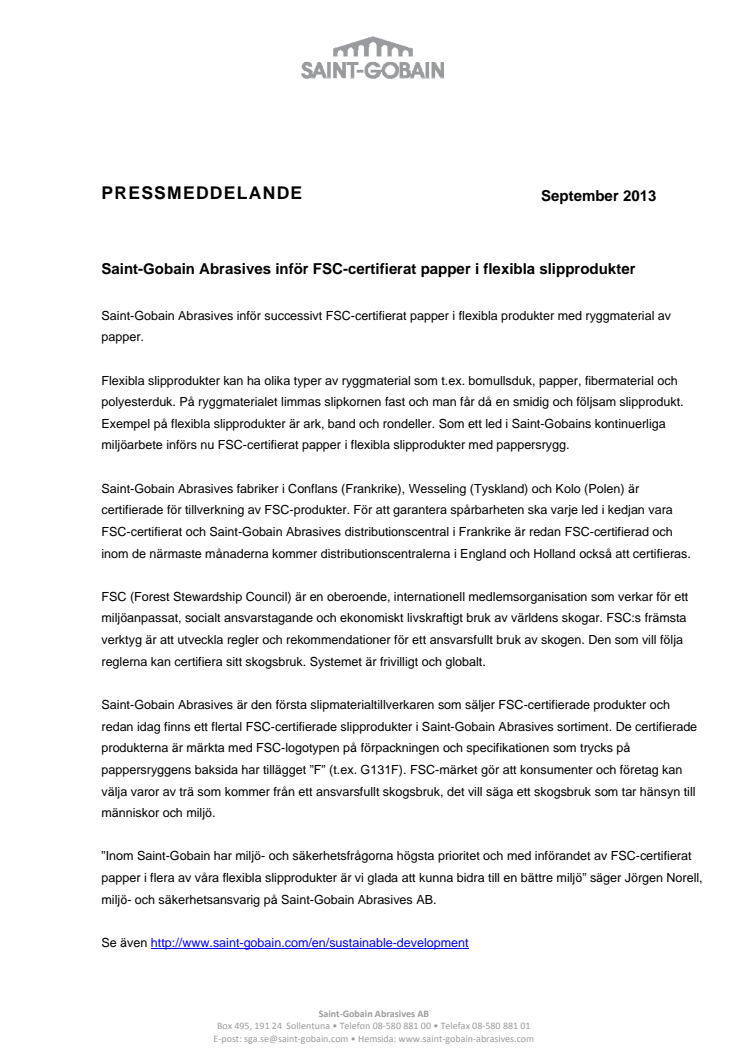 Saint-Gobain Abrasives inför FSC-certifierat papper i flexibla slipprodukter