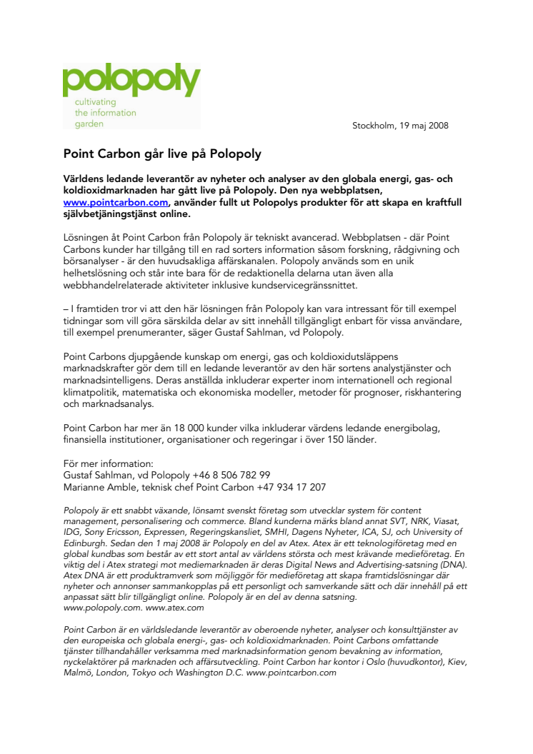 Point Carbon går live på Polopoly