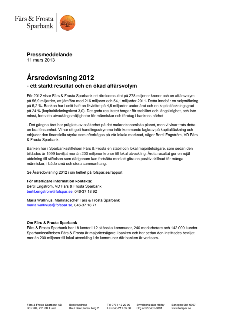 Starkt rörelseresultat för Färs & Frosta Sparbank