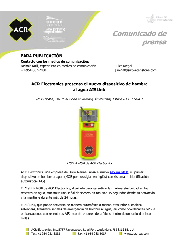 ACR Electronics: METSTRADE - ACR Electronics presenta el nuevo dispositivo de hombre al agua AISLink