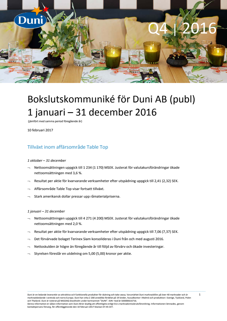 Bokslutskommuniké för Duni AB (publ) 1 januari – 31 december 2016