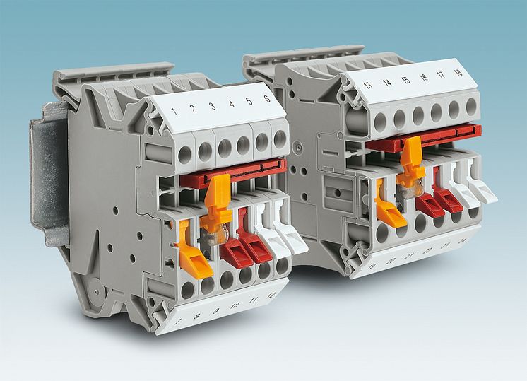 Knife disconnect terminal blocks with colour-coded disconnect lever