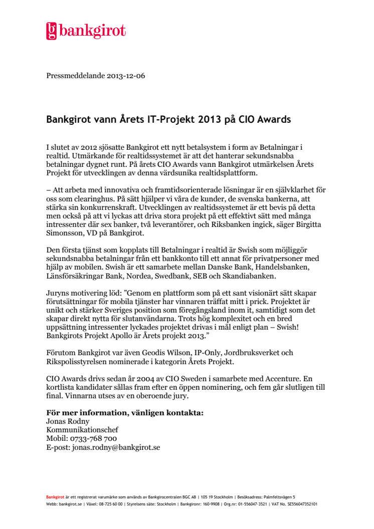 Bankgirot vann Årets IT-Projekt 2013 på CIO Awards