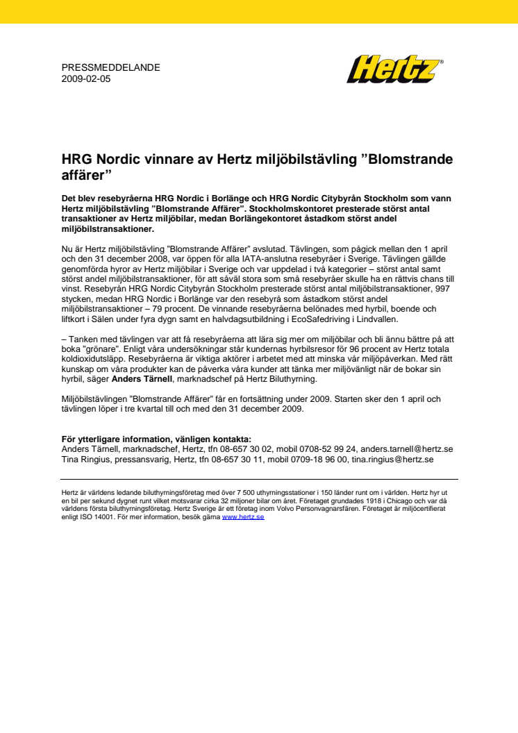HRG Nordic vinnare av Hertz miljöbilstävling ”Blomstrande affärer”