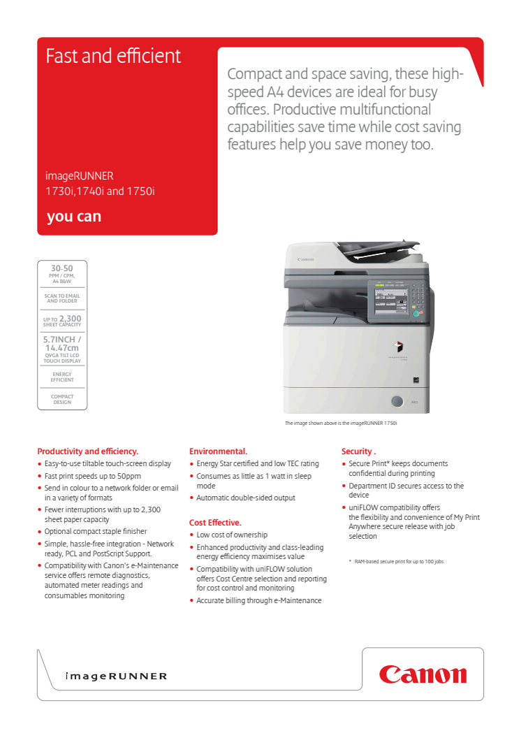 Teknisk specifikation imageRUNNER 1730i,1740i and 1750i