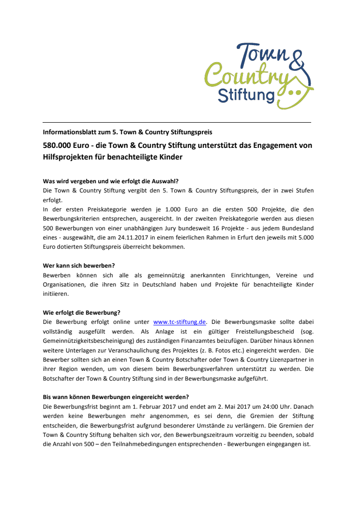 Infoblatt zum Town & Country Stiftungspreis 2017