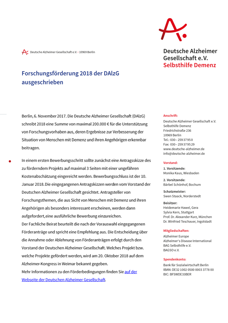 Forschungsförderung 2018 der DAlzG ausgeschrieben