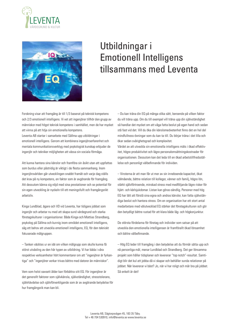 Artikel om utbildningar i Emotionell Intelligens för ingenjörer och tekniker med Sällma och Leventa