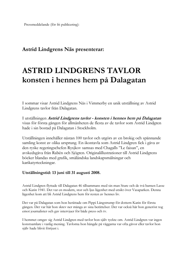 ASTRID LINDGRENS TAVLOR - konsten i hennes hem på Dalagatan
