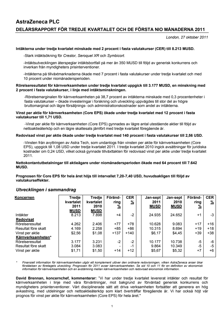 ASTRAZENECA PLC - DELÅRSRAPPORT FÖR TREDJE KVARTALET OCH DE FÖRSTA NIO MÅNADERNA 2011