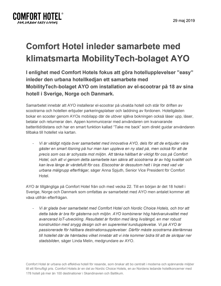 Comfort Hotel inleder samarbete med klimatsmarta MobilityTech-bolaget AYO