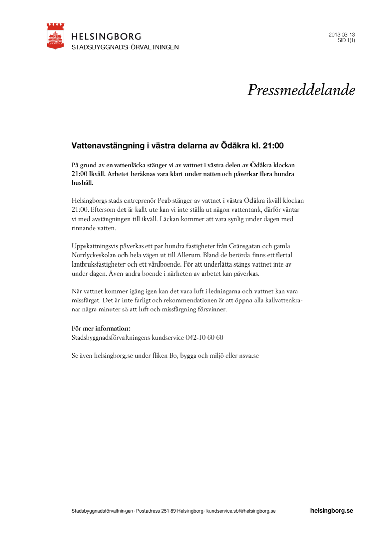 Vattenavstängning i västra delarna av Ödåkra kl. 21:00